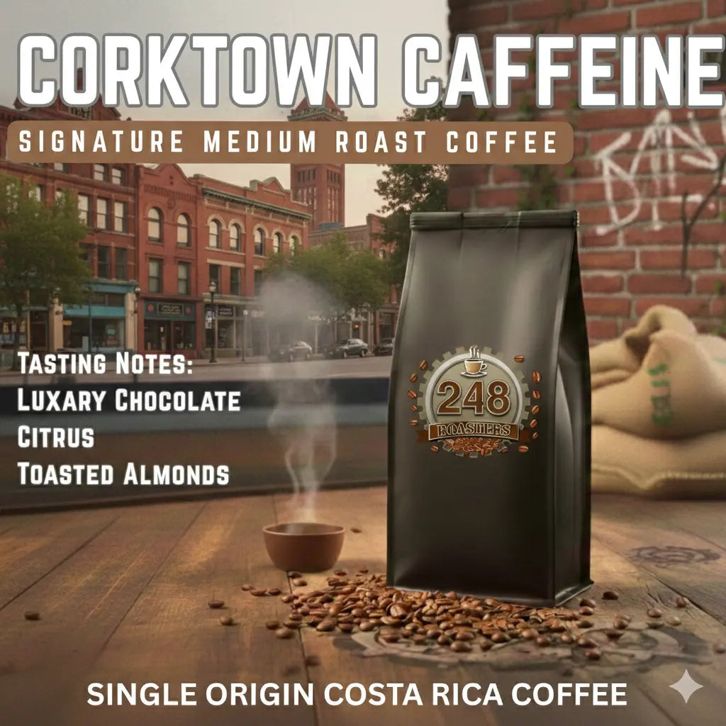 Corktown Caffeine Medium Roast whole bean coffee bag by 248 Roasters, featuring a smooth and balanced flavor profile inspired by Detroit's oldest neighborhood.