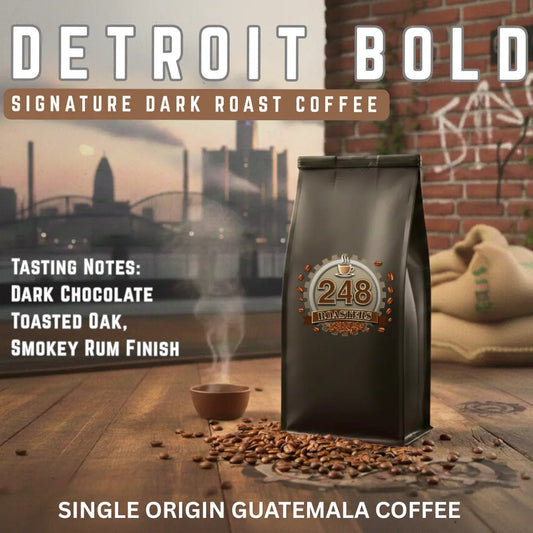 Detroit Bold Dark Roast whole bean coffee by 248 Roasters, featuring 100% Guatemala Antigua beans for a deep, smoky flavor.