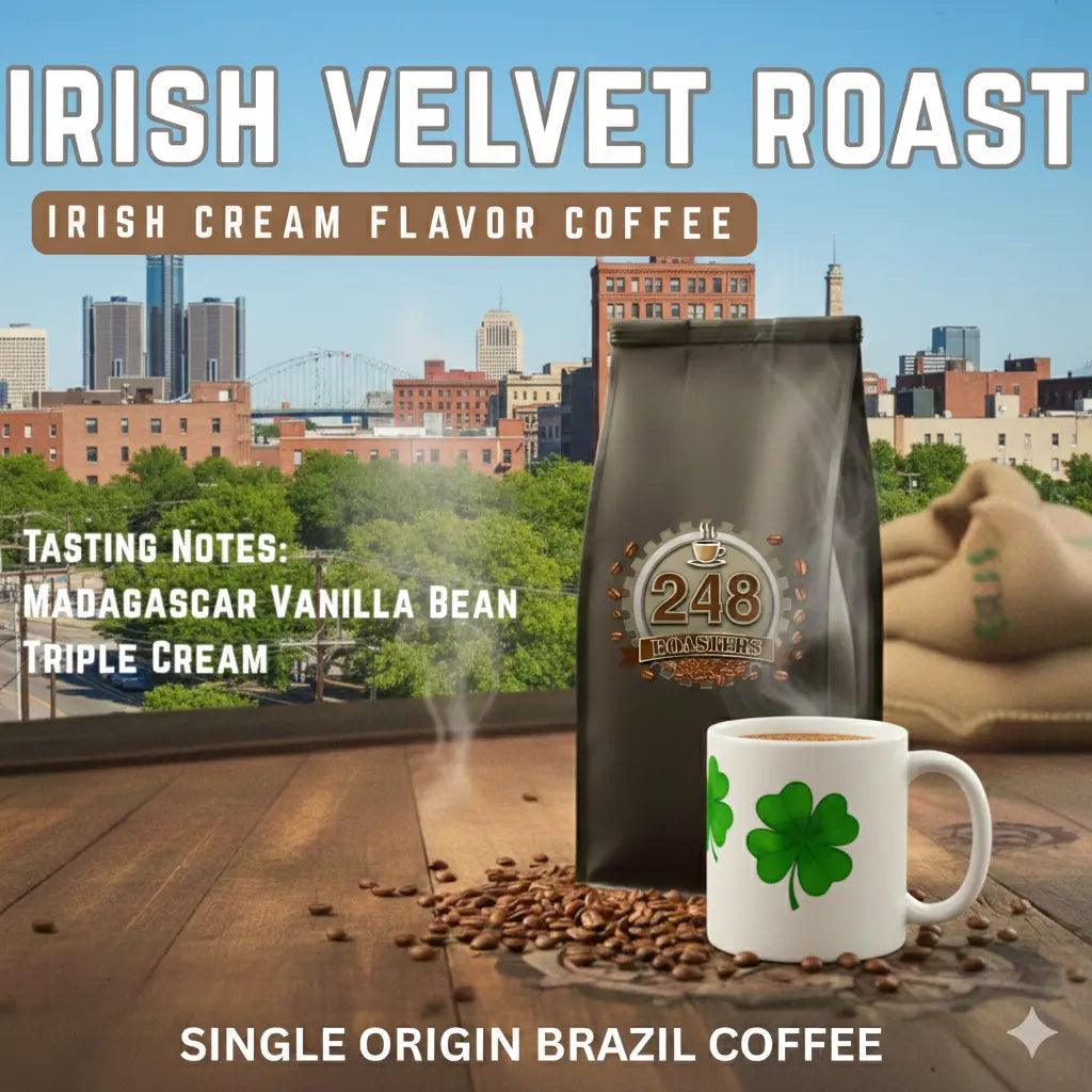 Limited edition Irish Velvet Roast coffee by 248 Roasters, featuring smooth cream and whiskey-inspired flavor notes for St. Paddy's Day