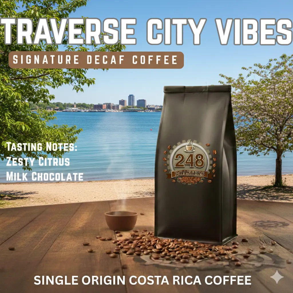 Traverse City Vibes coffee bag by 248 Roasters, a refreshing Michigan-inspired roast capturing the crisp essence of the Great Lakes.
